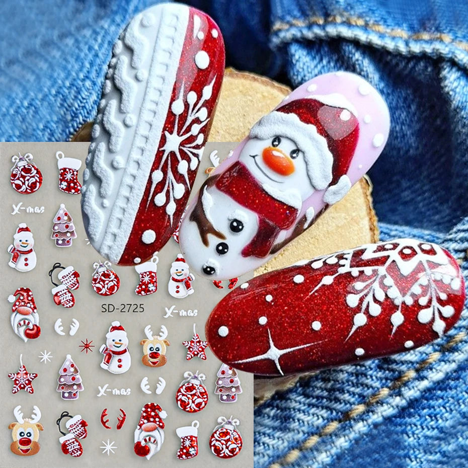 2 pcs Christmas Series Nail Stickers Cartoon Santa Claus Snowman Deer Bear Penguin Nail Decals Winter Xmas Holiday Nail Supplies