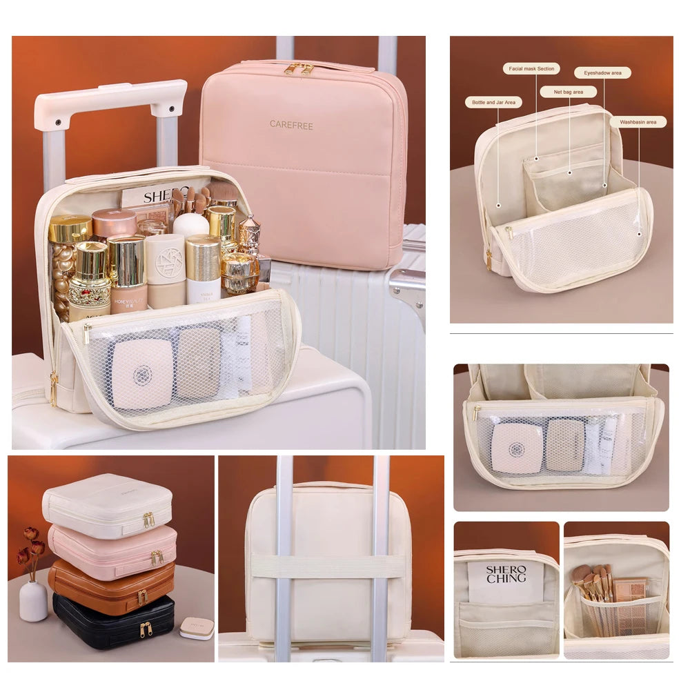 Portable PU Standing Makeup Bag Zipper Closure Letter Soft Handle Large Capacity for Professional Beauty Cosmetics Storage