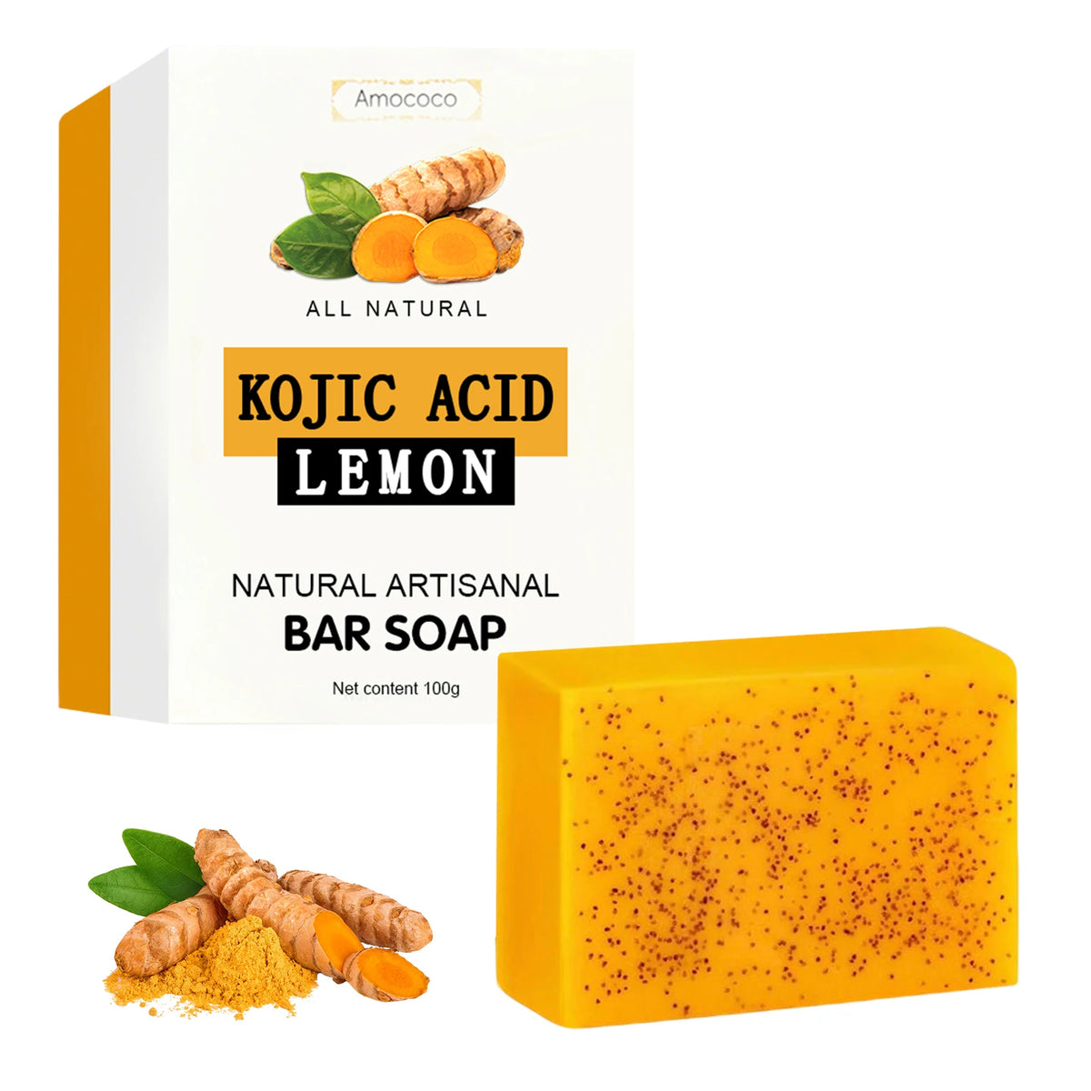 Amococo 3/5/10/30Pcs Turmeric Kojic Acid Brightening Bar Soap Natural Face and Body Cleanser with Vitamin C Retinol Hyaluronic Acid and Shea Butter 100g