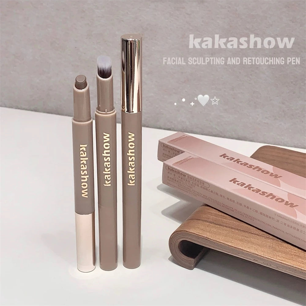 3D Contouring Pen Matte Bronzer Stick Grey Brown Nose Shadow Contour Pen With Brush Double Head Facial Contour Stick Makeup