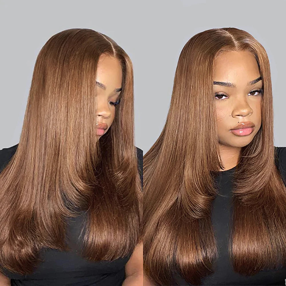 Chocolate Brown Layered Cut Lace Front Wigs HD 13X6 Straight Lace Front Wig For Women Synthetic Butterfly Haircut Glueless Wigs
