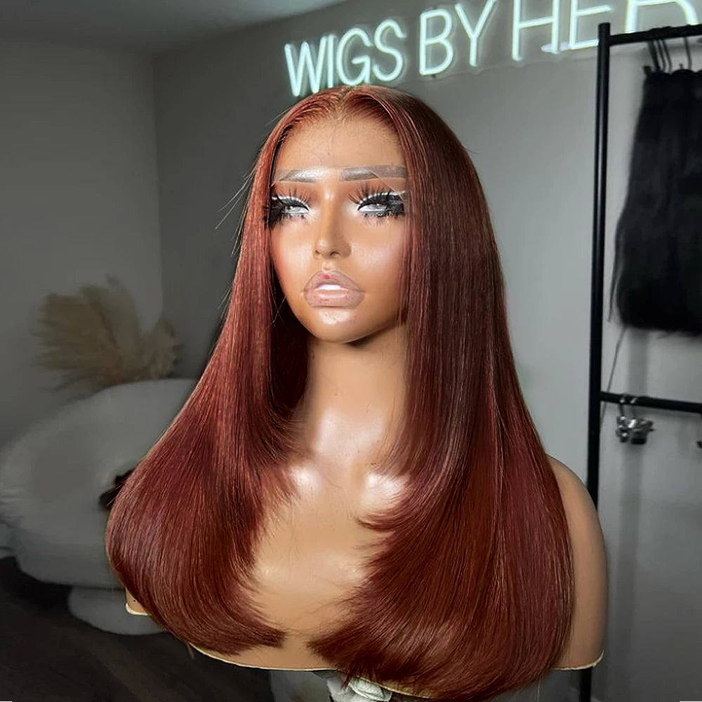 Straight Lace Front Wigs Synthetic Layered Cut Natural Black /Reddish Brown Inner Buckle Lace Frontal Wigs For Black Women