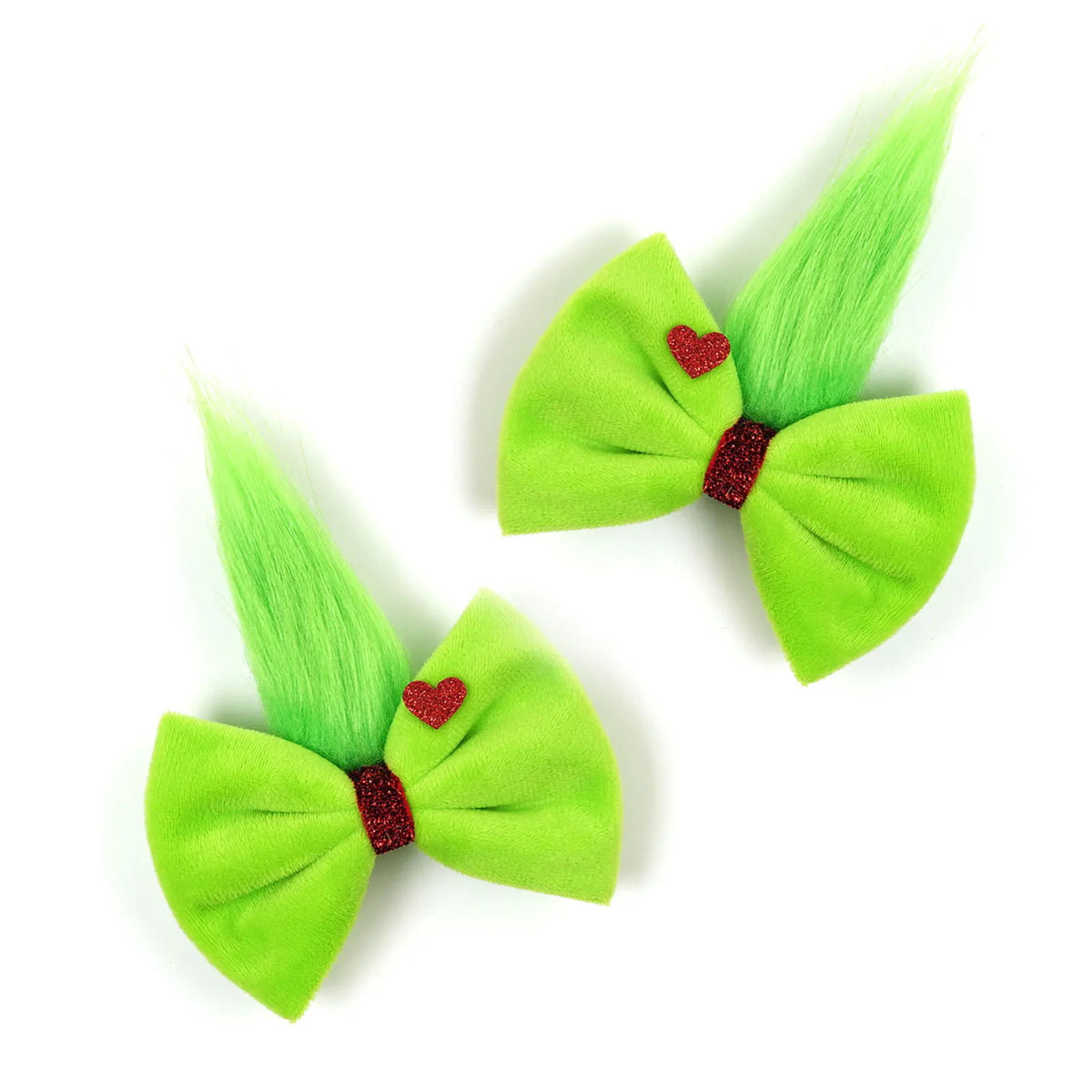 2pcs Girls Green Fuzzy Bow Christmas Grinch Ears Hair Clips Headband Glitter Heart Perfect for Holiday Parties & Photo Props