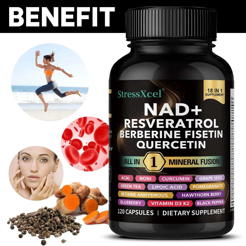 NAD+ Supplement with Resveratrol  & Quercetin - Boost NAD+ Levels, Energy & Anti-Aging Support - Vegan, 120 Softgels