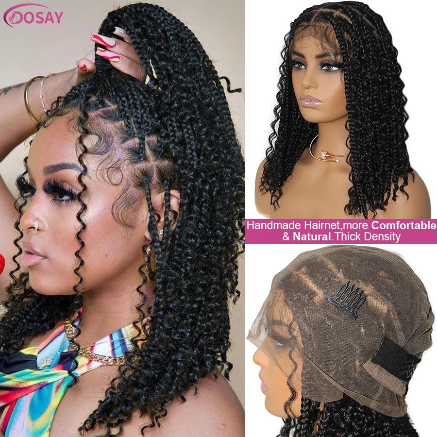 Short 12 Inch Bohemian Curly Braided Full Lace Front Wigs Knotless Box Braid Bob Wig Women Synthetic Locs Goddess Cornrow Braids