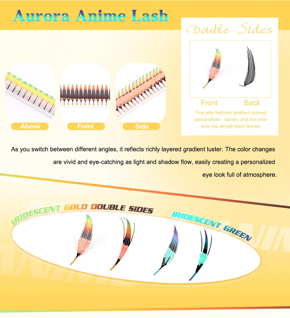 AGUUD Holographic Aurora Color Spire Eyelash Glitter Tinsel Anime Premade Fan Dual Side Color Comic Lash for Christmas Cosplay
