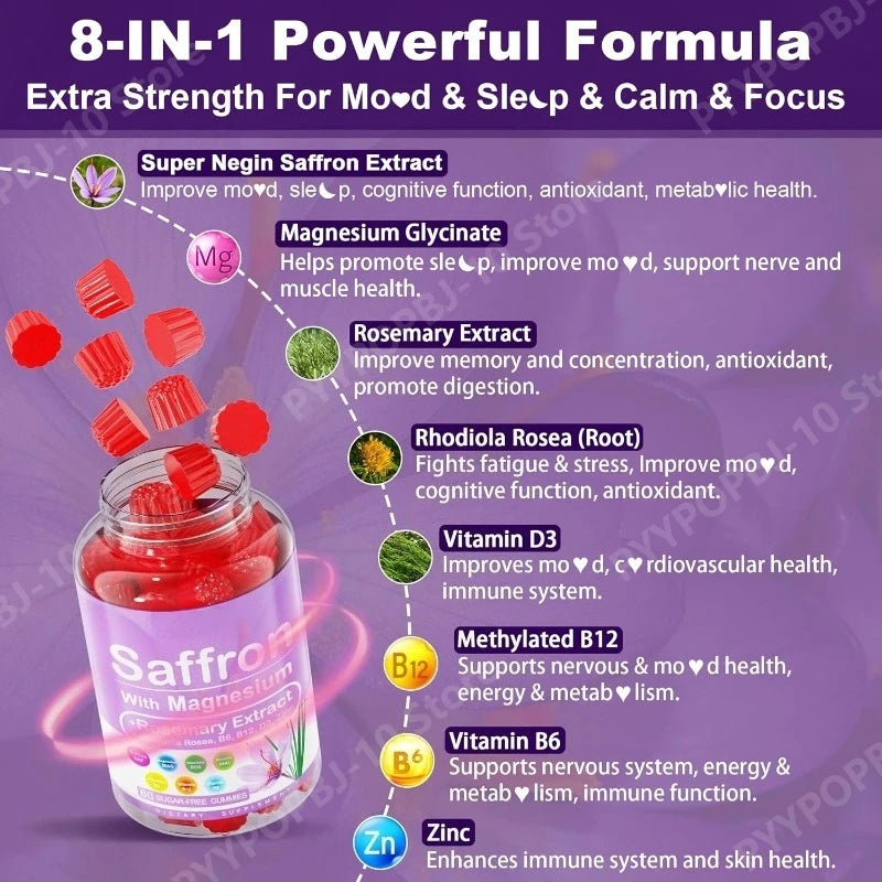 Saffron Gummies with Magnesium Glycinate, Rhodiola & Rosemary for Mood, Sleep & Focus Support, Sugar-Free 60 Count