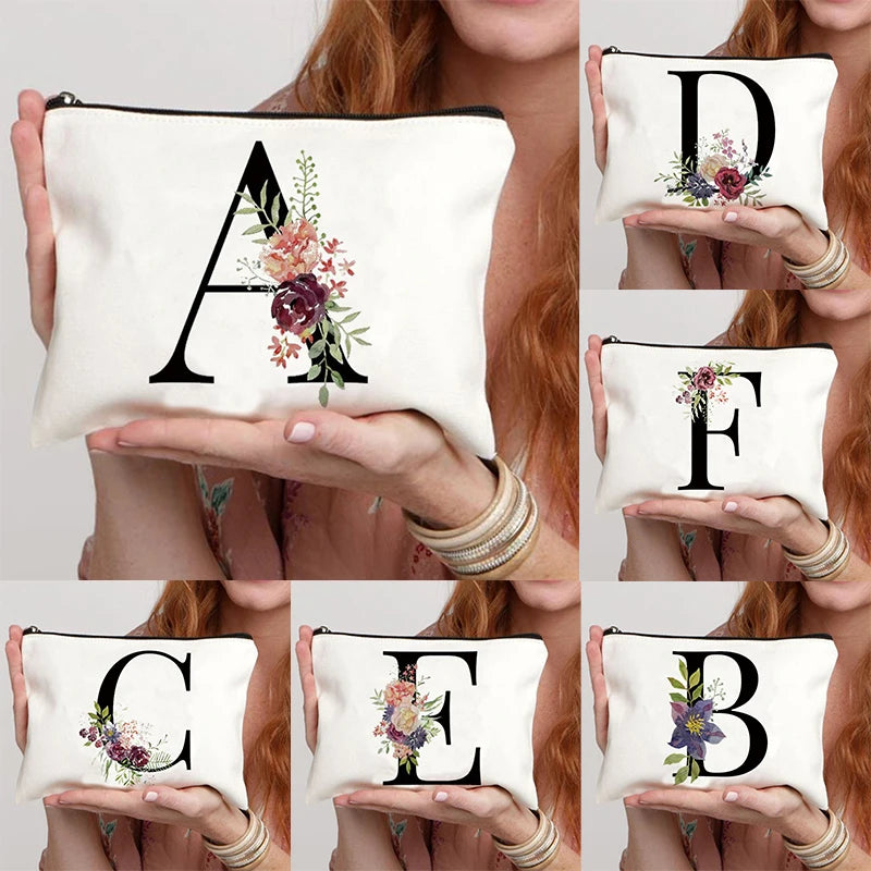 Floral Letter Bridesmaid Makeup Bags Bachelorette Party Gift Children Travel Bag Zipper Pouch Travel Organizer Case Cosmetic Bag
