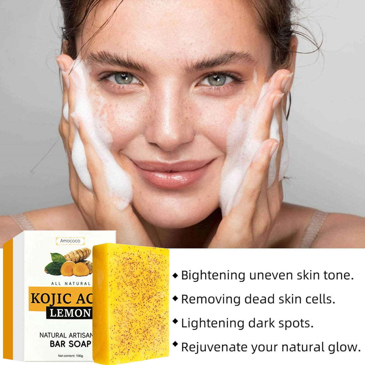 Amococo 3/5/10/30Pcs Turmeric Kojic Acid Brightening Bar Soap Natural Face and Body Cleanser with Vitamin C Retinol Hyaluronic Acid and Shea Butter 100g