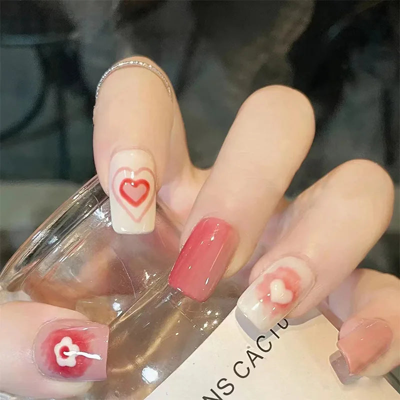 24 Pcs/Set Valentine's Day Long Almond Fake Nails Shape Novelty Pearl Bow Love Press on Nails Art Full Cover Stick-on Nails Tips