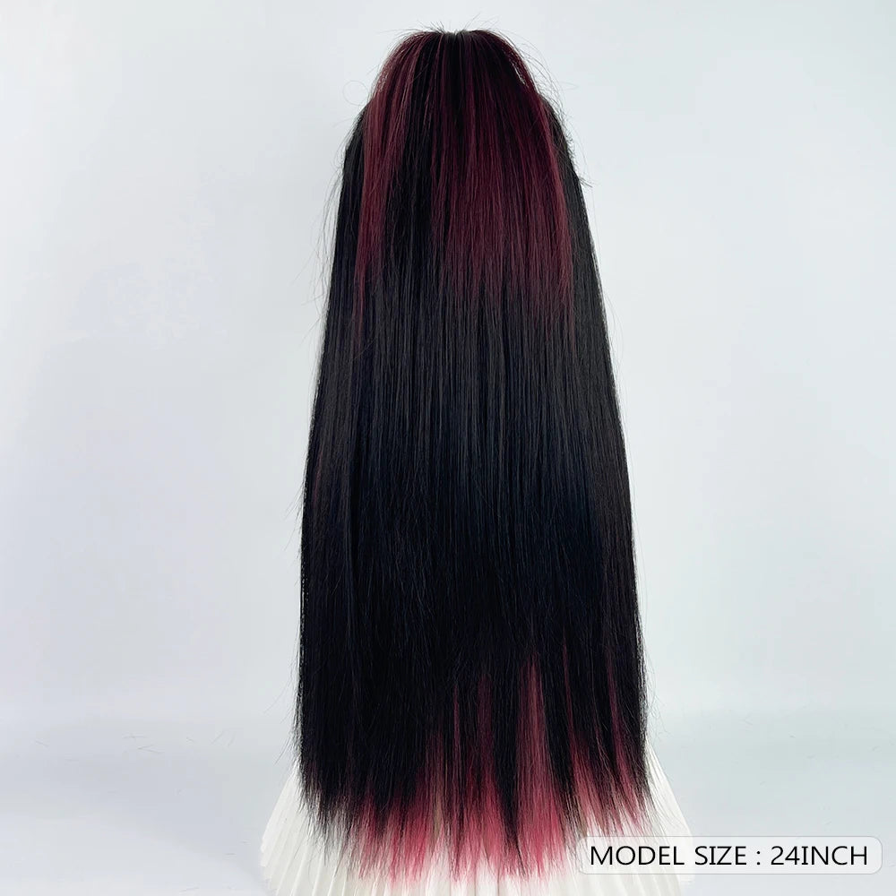 Black Ombre Pink Highlights Long Straight Synthetic Wig Double Color Girl Cosplay Daily Use With Bangs Lolita Wigs