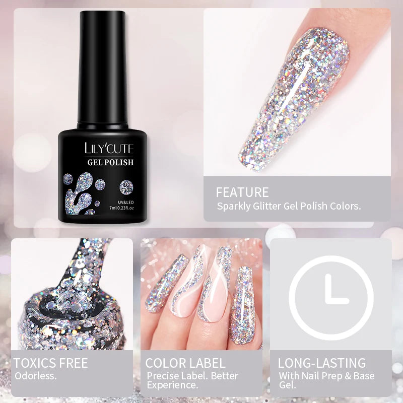 LILYCUTE 7ml Champagne Rose Gold Glitter Gel Nail Polish Colorful Sparking Long Lasting Manicure Soak Off Nails Art Gel Varnish
