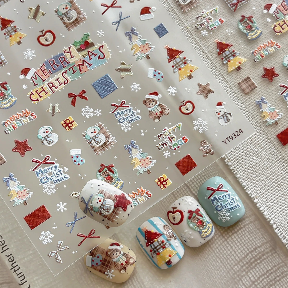 Cartoon Christmas Sticker Crystal Ball Tree Cloth Patch Snowflake Bear Bowknot Gift Stars Self adhesive Nail Decoration Stickers