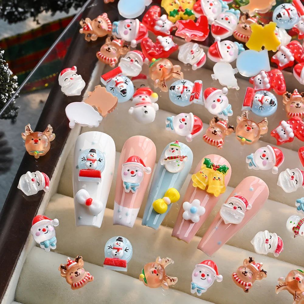 50Pcs/Lot 3D Cute Christmas Nail Art Decoration Kawaii Santa Claus Elk Snowman Rhinestones Flat Back Resin Xmas Manicure Parts