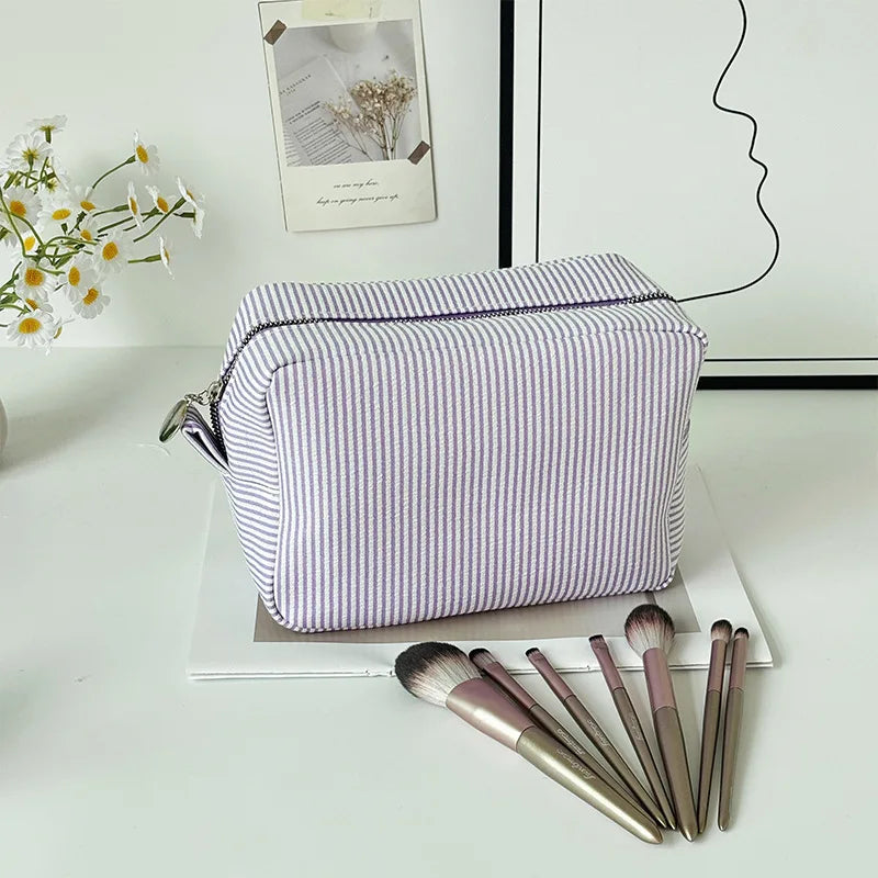 Personalized Striped Cosmetic Bag with Custom Text Embroidery Portable Travel Wash Bag Storage Pouch for DIY Makeup Skincare