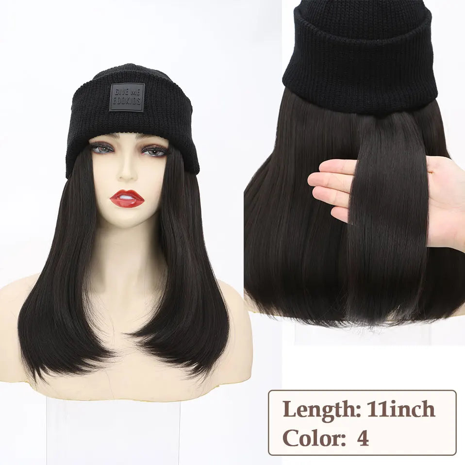 Hat Wig Knitted Beanie Wig Hat Hair Extension 11''18'' Long Wavy Curly Black Hat Wig Synthetic Hairpiece for Women Girls Winter