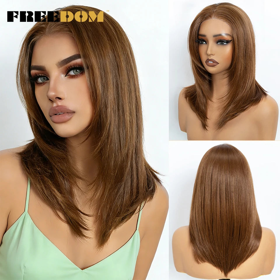 FREEDOM Synthetic Lace Front Wigs For Women Straight Bob Layered Wigs 13X3 Pre Plucked 16" Ombre Blonde Highlight Daily Use Wig