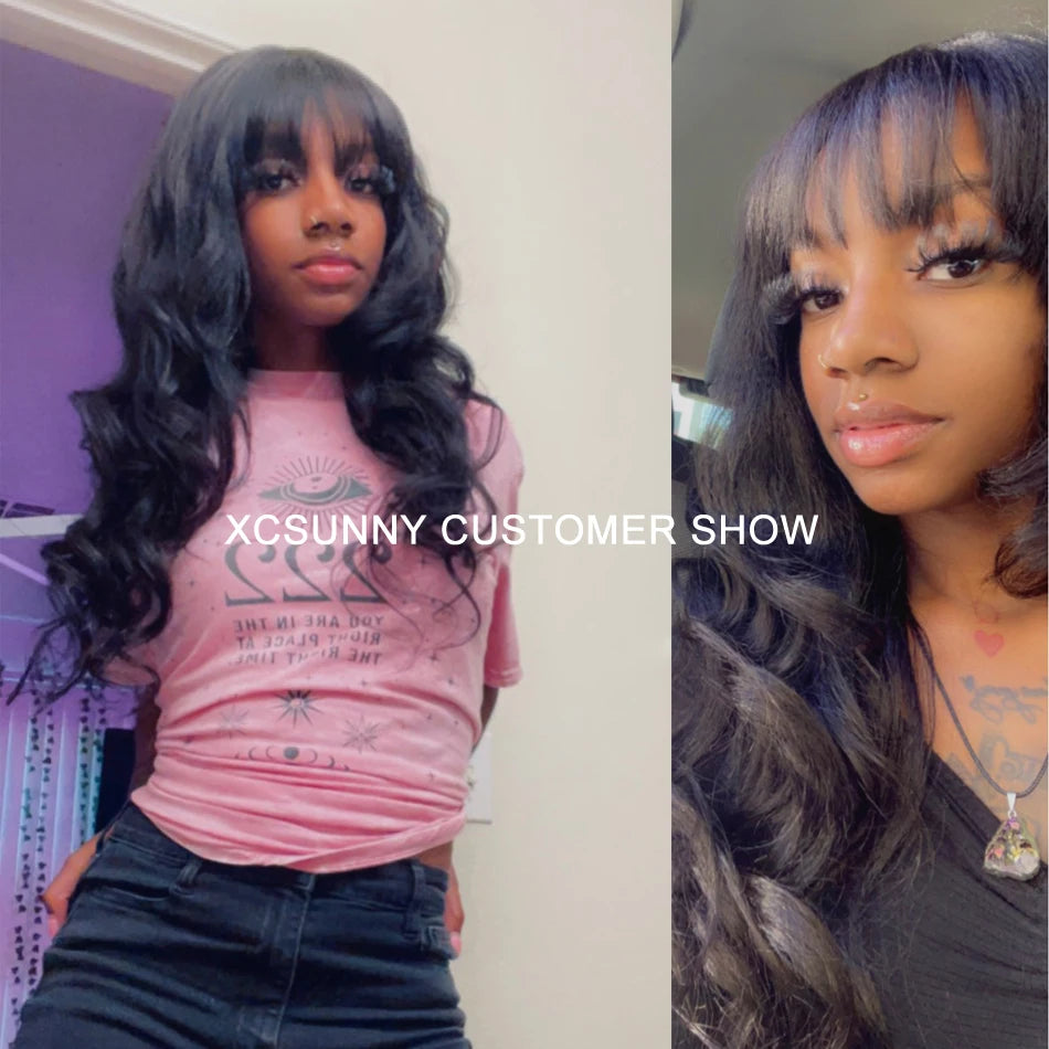 Yaki Human Hair Wig With Bangs Brazilian Machine Made Scalp Top Wig Long Wavy Bang Wig Human Hair For Women 180 Density
