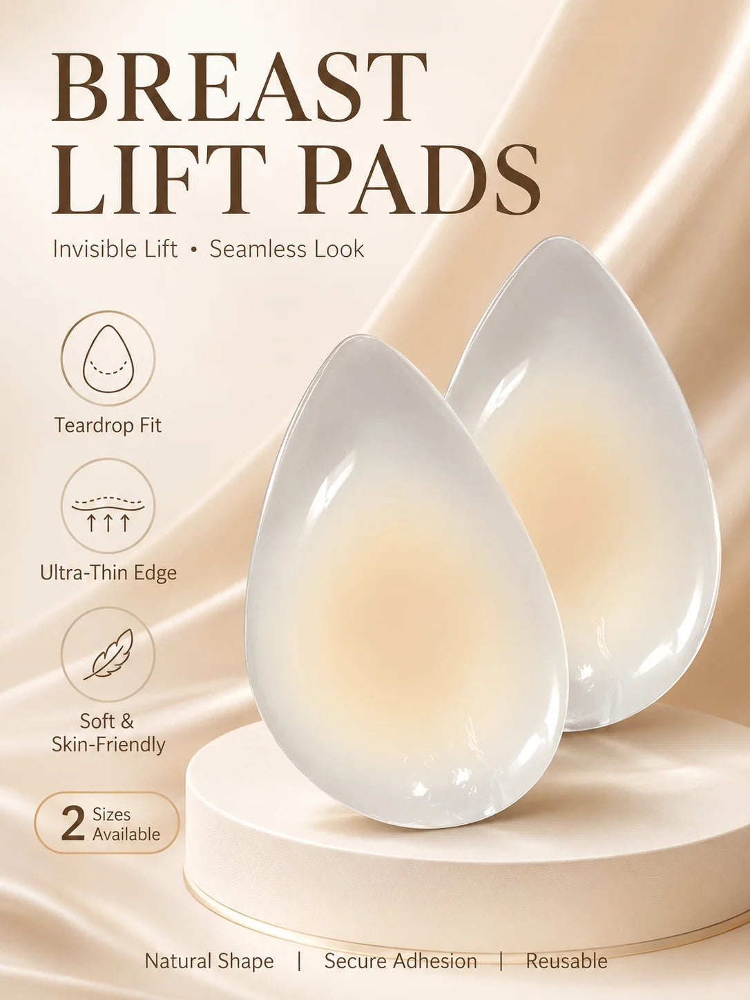 2PCS Reusable Invisible Breast Lift Pads, Teardrop Silicone Adhesive Bra Pads, Ultra-Thin Edge Seamless Nipple Covers For Strapl