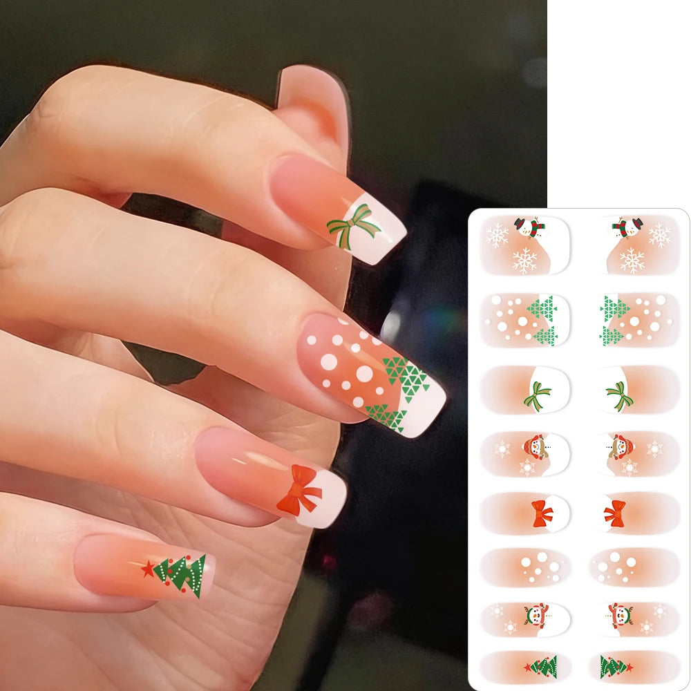 16Tips 3D Full Cover Christmas Series Nail Stickers Adhesive No Light Need Nail Art Wraps Strips Festival Manicure Polish Tips *