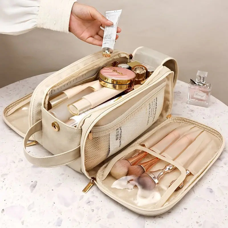 Multifunctional Makeup Bag For Women PU Leather Large Capacity Portable Double Zipper Travel Makeup Brush Toiletries Storage Bag