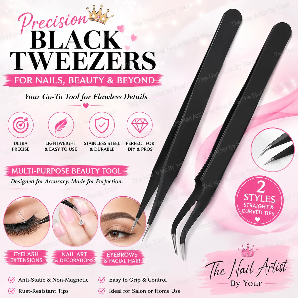 Tweezers, Precision Black DIY Tweezers for Nail Art and Eyelash Extensions Beauty Tools