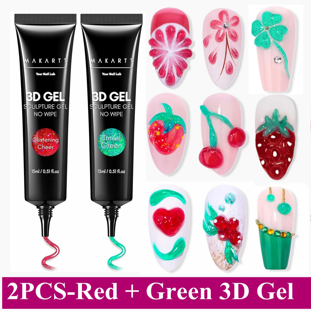 Makartt 3D Gel Nail Art – Clear & Noir Sculpting Gel for DIY Embossed Nail Designs – No Wipe Easy-Squeeze Tube Nail Glue
