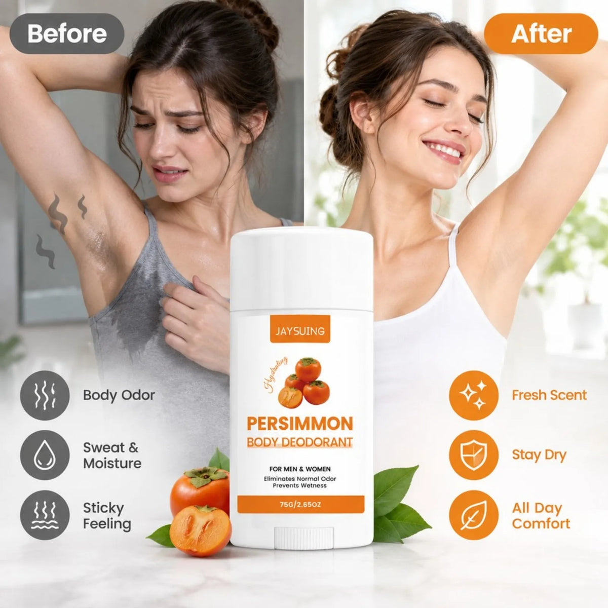75g Persimmon Moisturizing Body Deodorant Stick Odor Control Anti Wetness Long Lasting Fresh for Underarm Care for Women Men