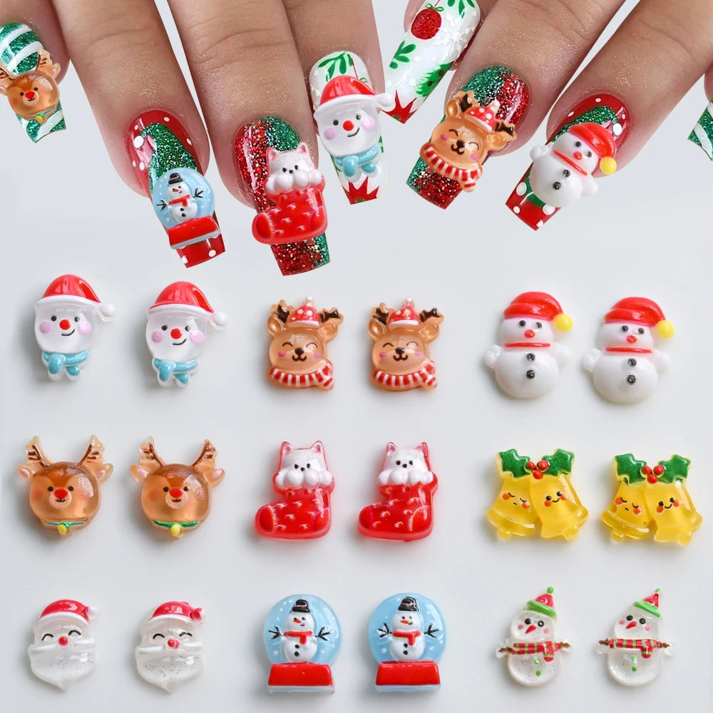 50pcs/bag 3D Resin Christmas Nail Charms Cute Snowman Elk Santa Claus Nail Art Rhinestones Xmas Winter Nails Jewelry Decorations
