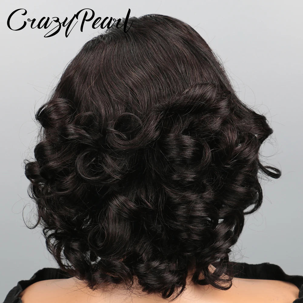 CrazyPearl Finger Wave Bob Lace Front Wig Human Hair Rose Short Vintage S-Curve Wavy Black HD Transparent Lace Wigs for Womem