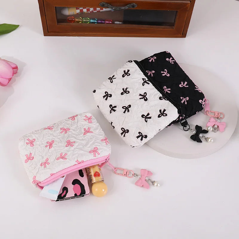 Cute Bow Travel Small Cosmetic Lipstick Portable Storage Bag Women Girls Makeup Handbags Purse Key Earphone Pouch Bags Organizer
