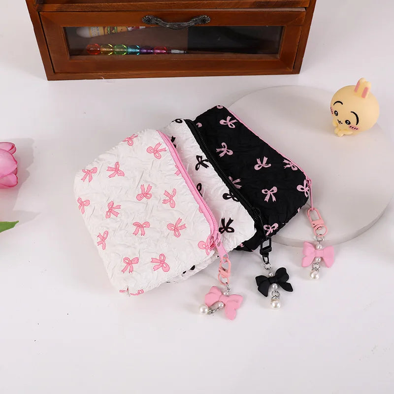 Cute Bow Travel Small Cosmetic Lipstick Portable Storage Bag Women Girls Makeup Handbags Purse Key Earphone Pouch Bags Organizer