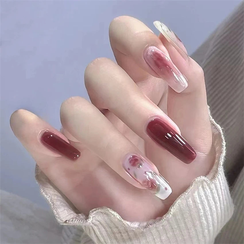 24 Pcs/Set Valentine's Day Long Almond Fake Nails Shape Novelty Pearl Bow Love Press on Nails Art Full Cover Stick-on Nails Tips