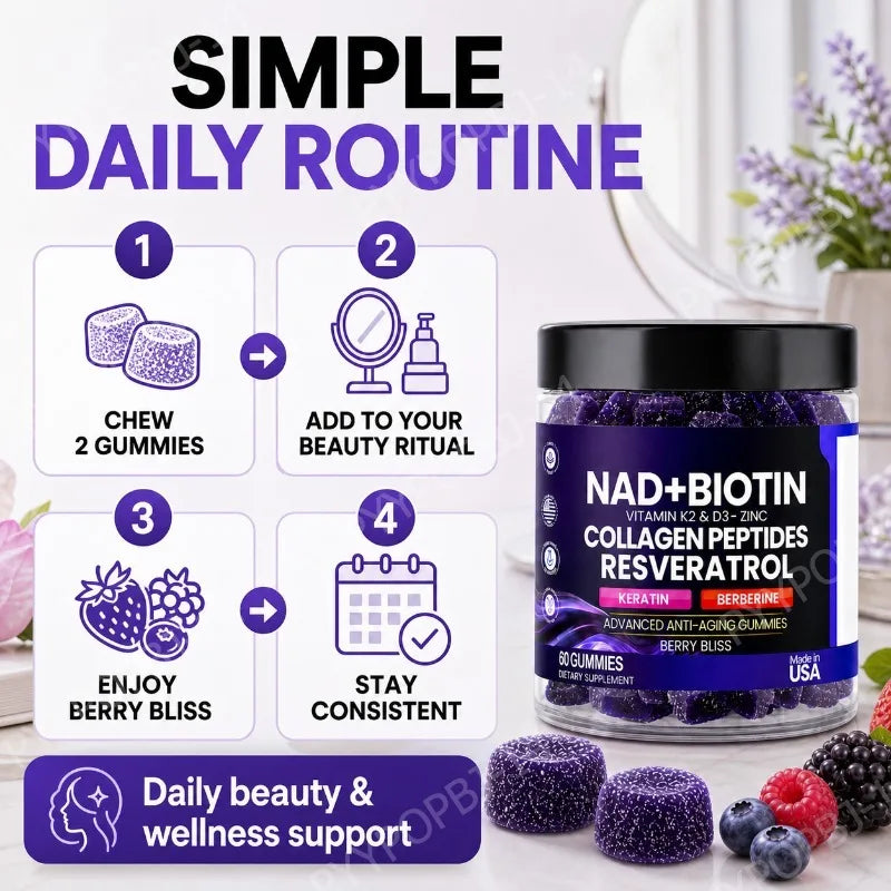 Biotin Collagen Gummies with NAD+ Resveratrol Vitamin D3 K2 Zinc Daily Beauty Wellness Supplement 60 Count Berry Flavor
