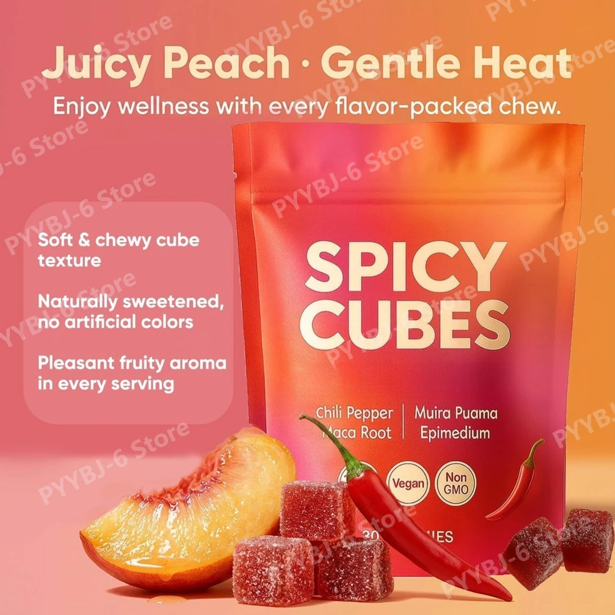 Spicy Cube Gummies for Him 30PCS Men Daily Wellness Supplement Calm Mood Support Natural Herbal Care for Energy & Vitality