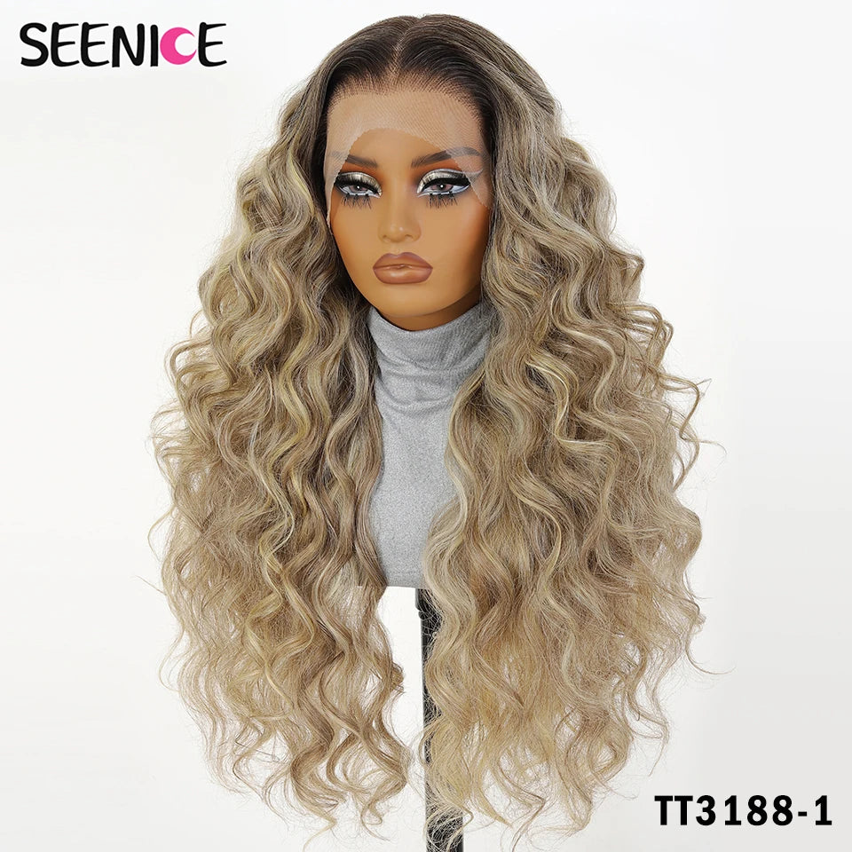 13x6 HD Synthetic Blend Lace Front Wig 30 Inch Long Deep Wavy Ombre Blonde Ginger for Afro Women Heat Resistant Cosplay Wig