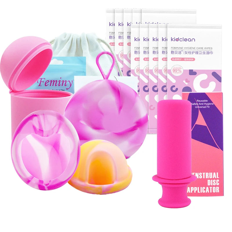 Feminy Menstrual Disc Kit Medical Grade Reusable Soft Silicone Period Disc with Sterilizer Case Applicator Leakproof Monthly Cup