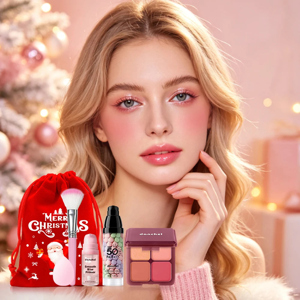 6Pcs Blur Primer 3‑Color Concealer Cream 4‑Shade Blush Palette Beauty Sponge Xmas Drawstring Bag Face Makeup Christmas Gift