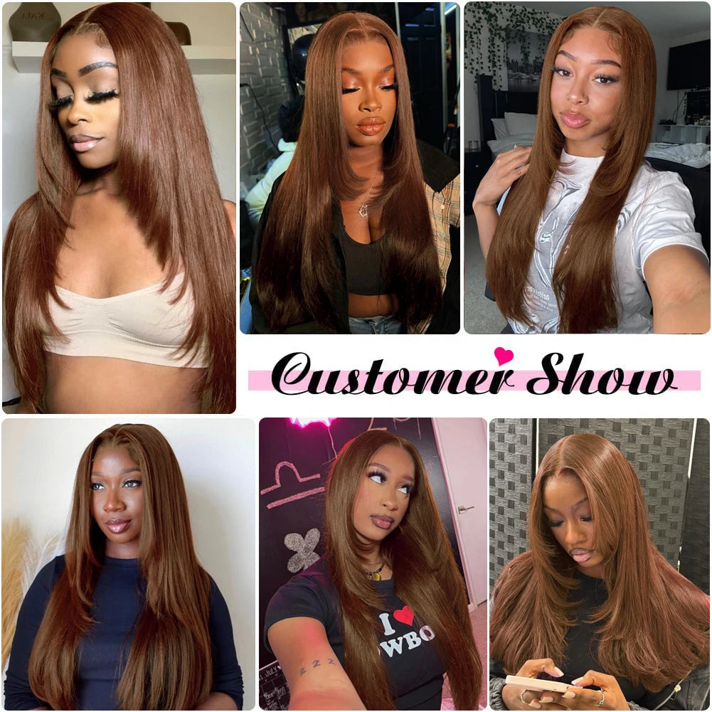 Chocolate Brown Layered Cut Lace Front Wigs HD 13X6 Straight Lace Front Wig For Women Synthetic Butterfly Haircut Glueless Wigs