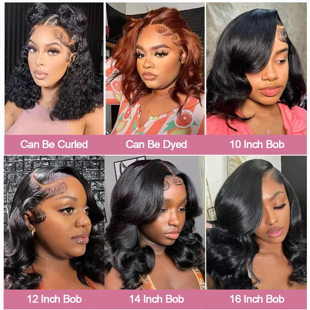 8-16 Inch Body Wave Short Bob Wig 200 Density 4x4 Lace Frontal Wig Human Hair Wigs 5x5 Glueless Wig Brazilian Black Natural Color Ready To Wear Glueless Closure Wig For Women