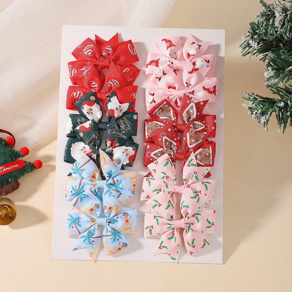 12Pcs Christmas Bow Hair Clips Set Printed Grosgrain Ribbon Pinwheel Bow Barrettes Little Girls Xmas Holiday Hair Accessories