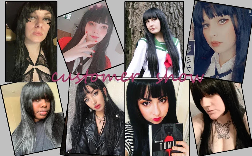 Anime Cosplay Wig Long Straight Flat Bang Synthetic Wig Anime Black Hair Wigs