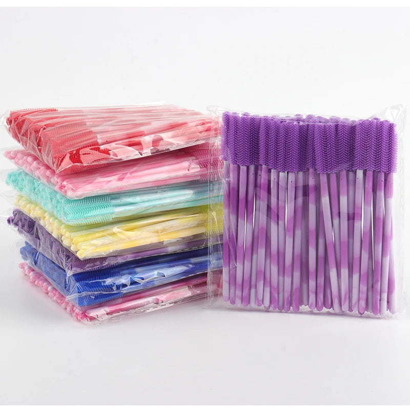 50Pcs Disposable Silicone Eyelash Brush Rainbow Eye Lash Makeup Brushes Mascara Wands Microbrush Eyelashes Extension Beauty Tool
