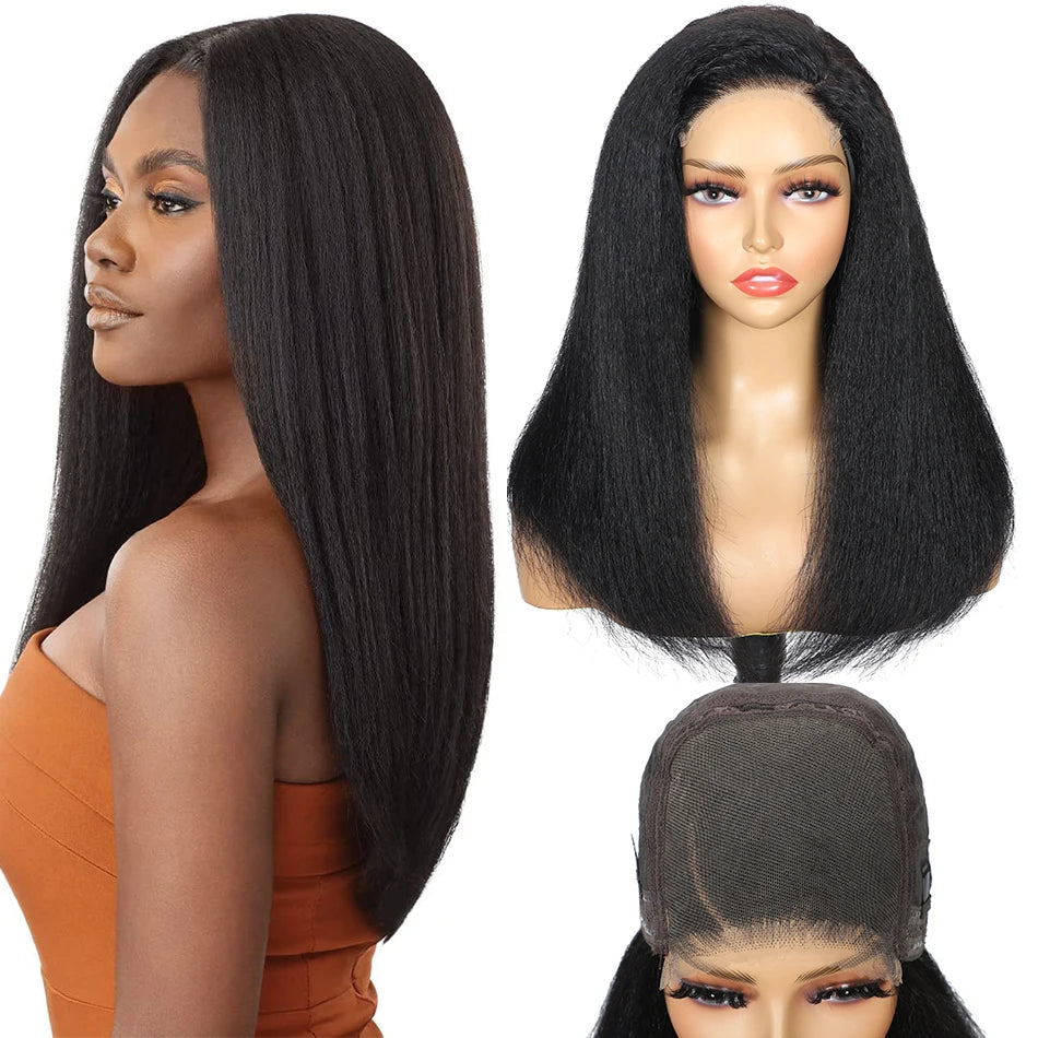 100% Human Hair Bob Yaki Straight Glueless HD Lace Closure Wigs 4C Precut Kinky Straight 5x5 Lace Wig With Drawstring PrePlucked