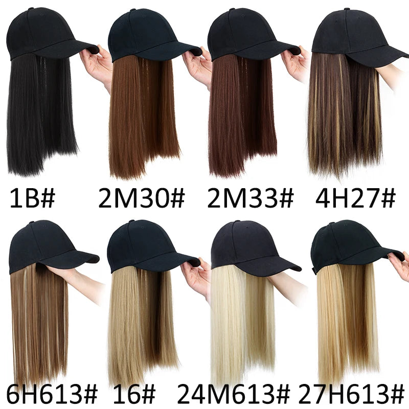 18Inch Synthetic Long Straight Hair Extension Baseball Cap  Adjustable Black Blonde Hairpiece Fashion Hat Wig