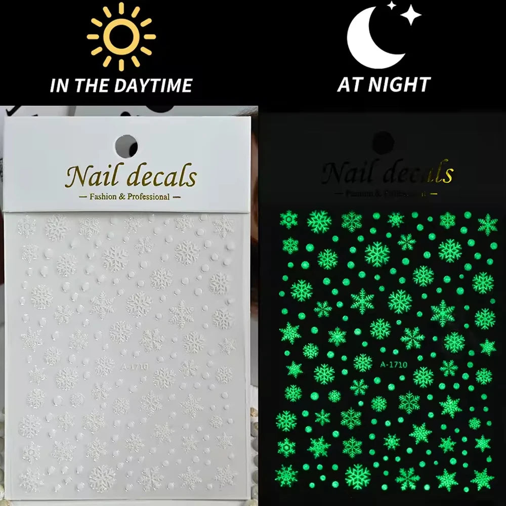 3D New Luminous Colored Light Bulbs Christmas Tree Nail Art Stickers Noctilucent Lanterns Snowflakes Santa Claus Nail Decals