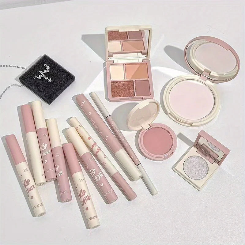 14pcs Teen Pink Makeup Gift Set, Lip Gloss Eyebrow Mascara Eyeliner Necklace Full Beauty Kit, for Xmas Birthday Valentine’s Day