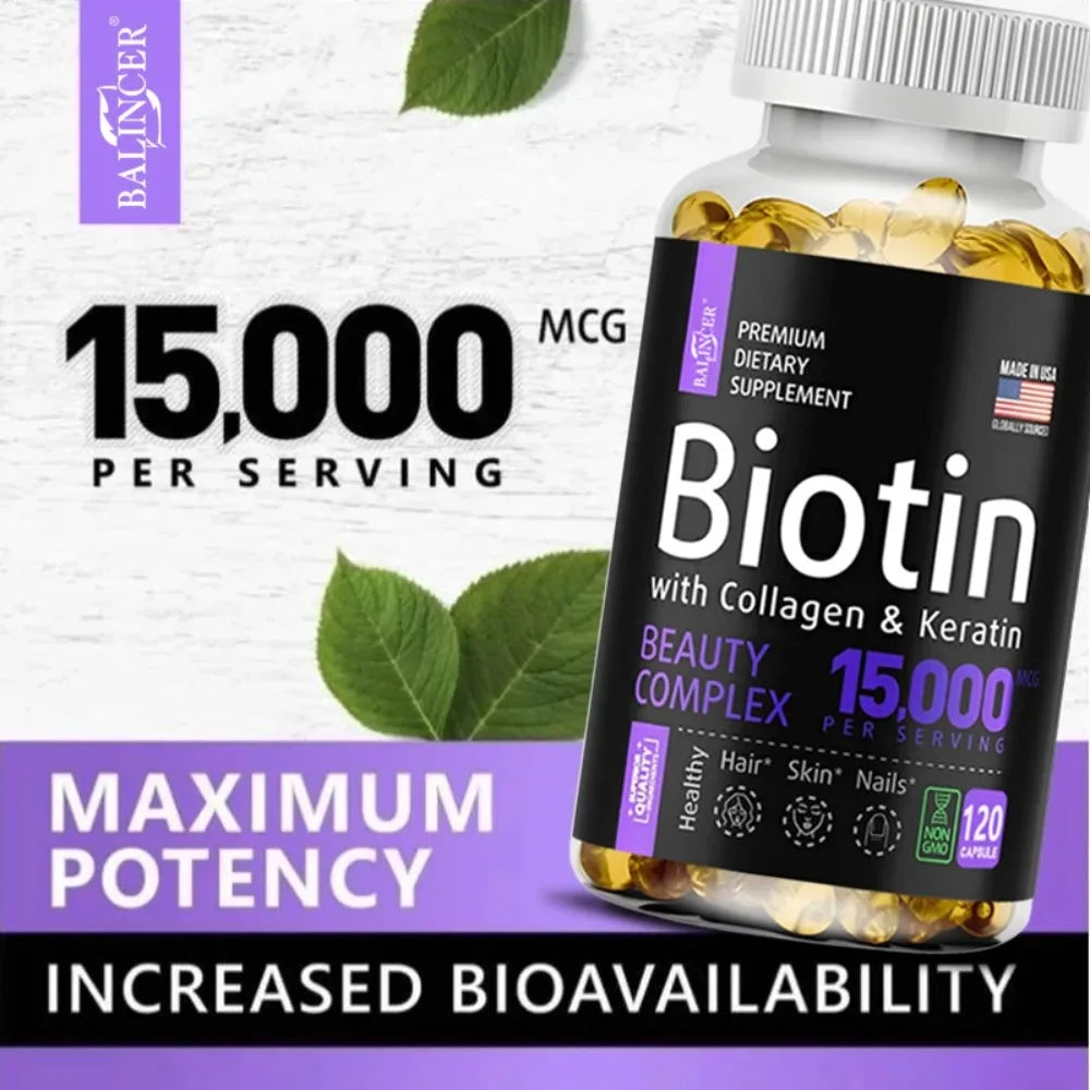 Biotin with Collagen & Keratin - Hair Growth Supplement for Women & Men, 15000 Mcg, Healthy Nails & Skin, 120 Capsules