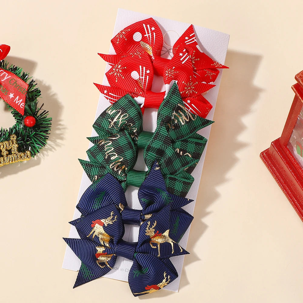 6Pcs/set Christmas Element Ribbon Bow Hair Clip Set Children's High-quality Ribbon Bow Hair Accessory Hairgripes