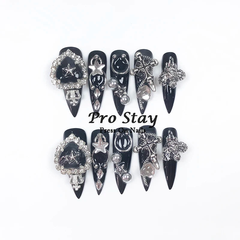 10pcs Dark Black Y2k Hot Girl Handmade Press On Nails Sweet Cool With Diamond Metal Decoration Wearable Artificial False Nail